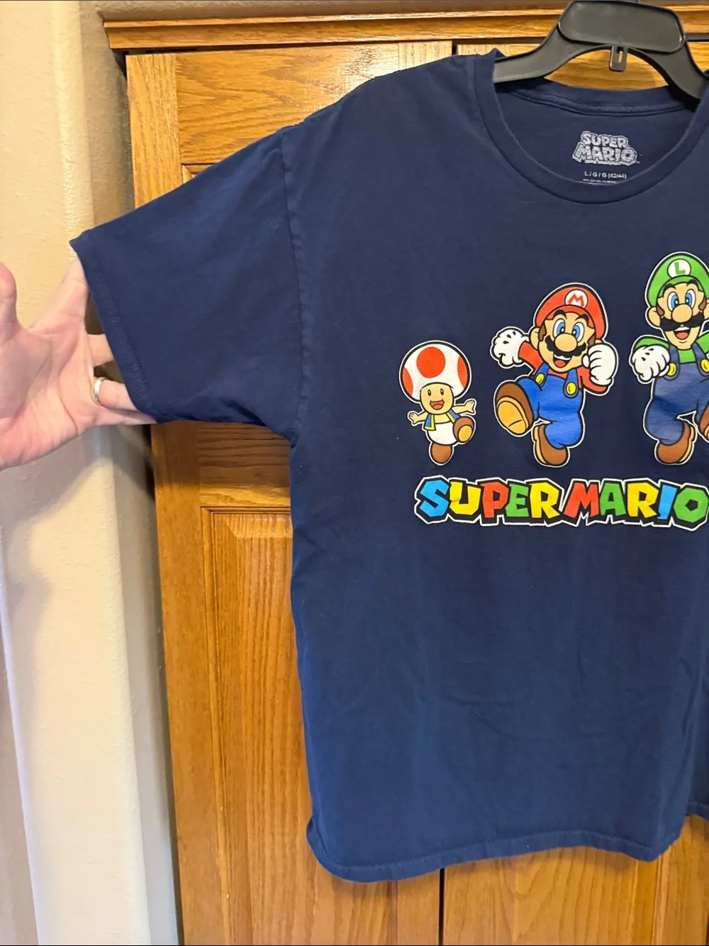 Nintendo Super Mario Navy Blue Graphic Tee with Mario, Luigi & Toad- Large